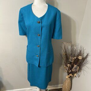 Vtg Kasper For ASL 2pc Skirt Suit Teal Green Short Sleeve Pleated Front Lined 14